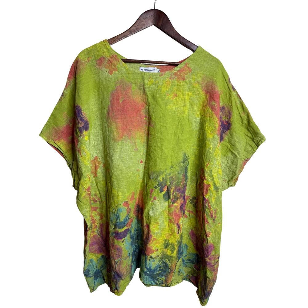 Transparente Linen Watercolor Floral Lagenlook Art to Wear Tunic Top size L